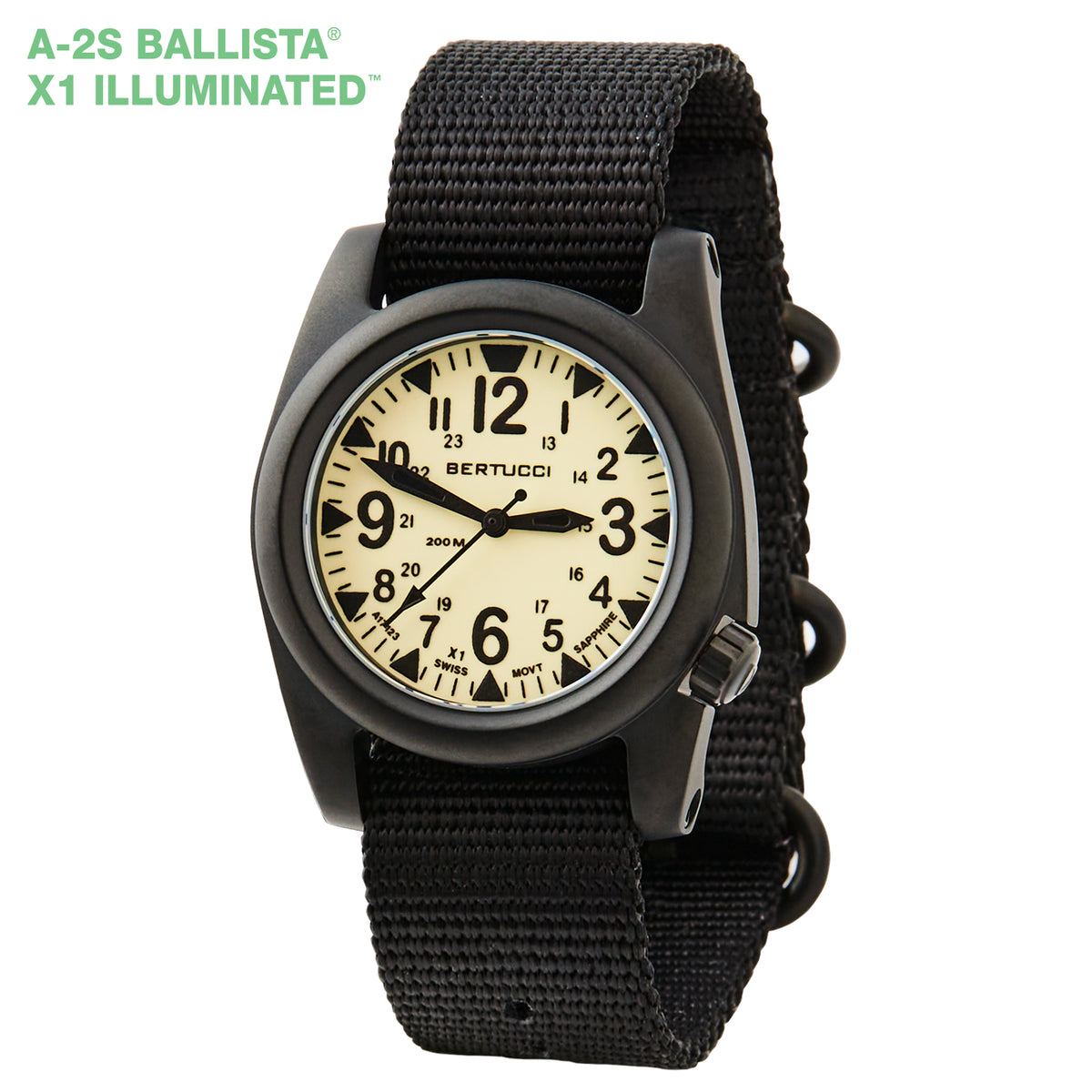 #11122 A-2S Ballista X1 Illuminated, X1 Swiss Super Luminous Dial w/ Black  Nylon Band