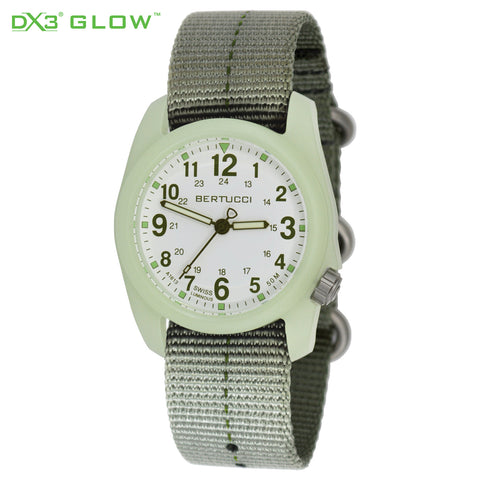 #11028 DX3® Glow™ - White w/ Green Dial, Defender Drab™ w/ Olive Dash Line™ Nylon Band