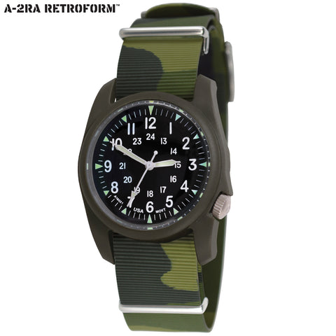 #11605 A-2RA RETROFORM NATO™ - Black Dial, Commando Camo - Olive Italian Rubber Band