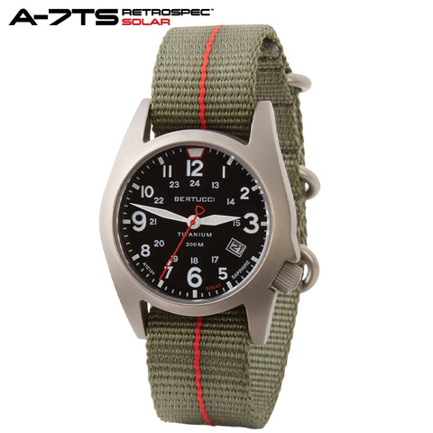 #12902 A-7TS RETROSPEC™ SOLAR Black Dial, Defender Drab™ w/ Red Pro-Stripe™ nylon band