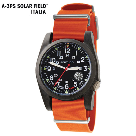 #13807 A-3PS Solar Field Italia - Black w/ Base Camp Orange With G10 NATO Italian Rubber Band