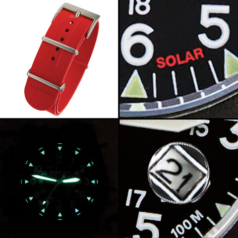 #13805 A-3PS Solar Field Italia- Black w/ Rosso Corsa G10 NATO Italian Rubber Band