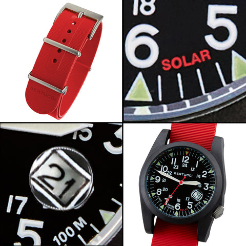 #13805 A-3PS Solar Field Italia- Black w/ Rosso Corsa G10 NATO Italian Rubber Band