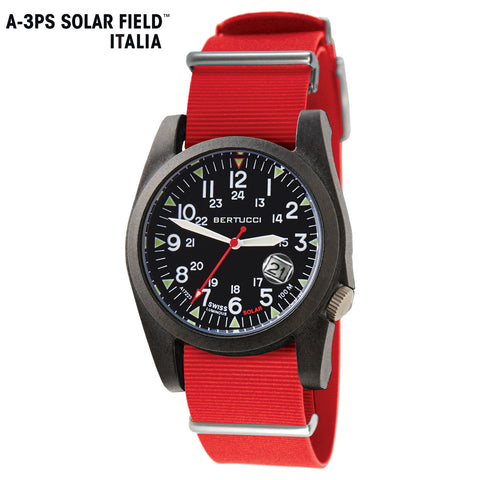 #13805 A-3PS Solar Field Italia- Black w/ Rosso Corsa G10 NATO Italian Rubber Band