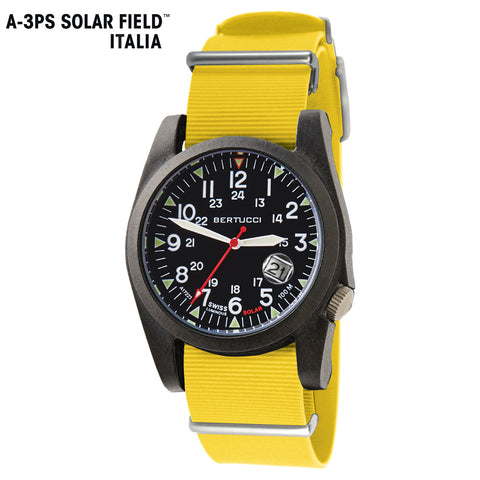 #13806 A-3PS Solar Field Italia - Black w/ Pro-Yellow G10 NATO Italian Rubber Band