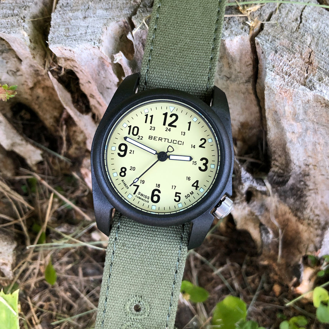 Bertucci DX3 Field Watch | Black Dial/Black case- #354 Vintage Drab Nylon B Bertucci DX3 Canvas Field Watch | Jewel In the Sea | Nantucket, MA